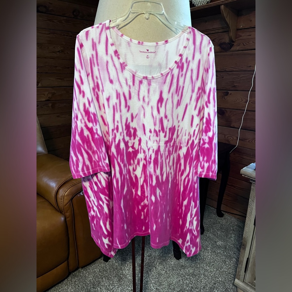 Woman Within 3x 58”B x 34”L)Pink and White Tie-Dye Scoop Neck Tunic